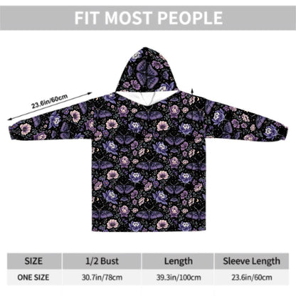 Purple Butterfly Floral Blanket Hoodie, Pink Boho Witchy Black Hooded Jumper, Gothic Floral Cute Winter Fall Accessory