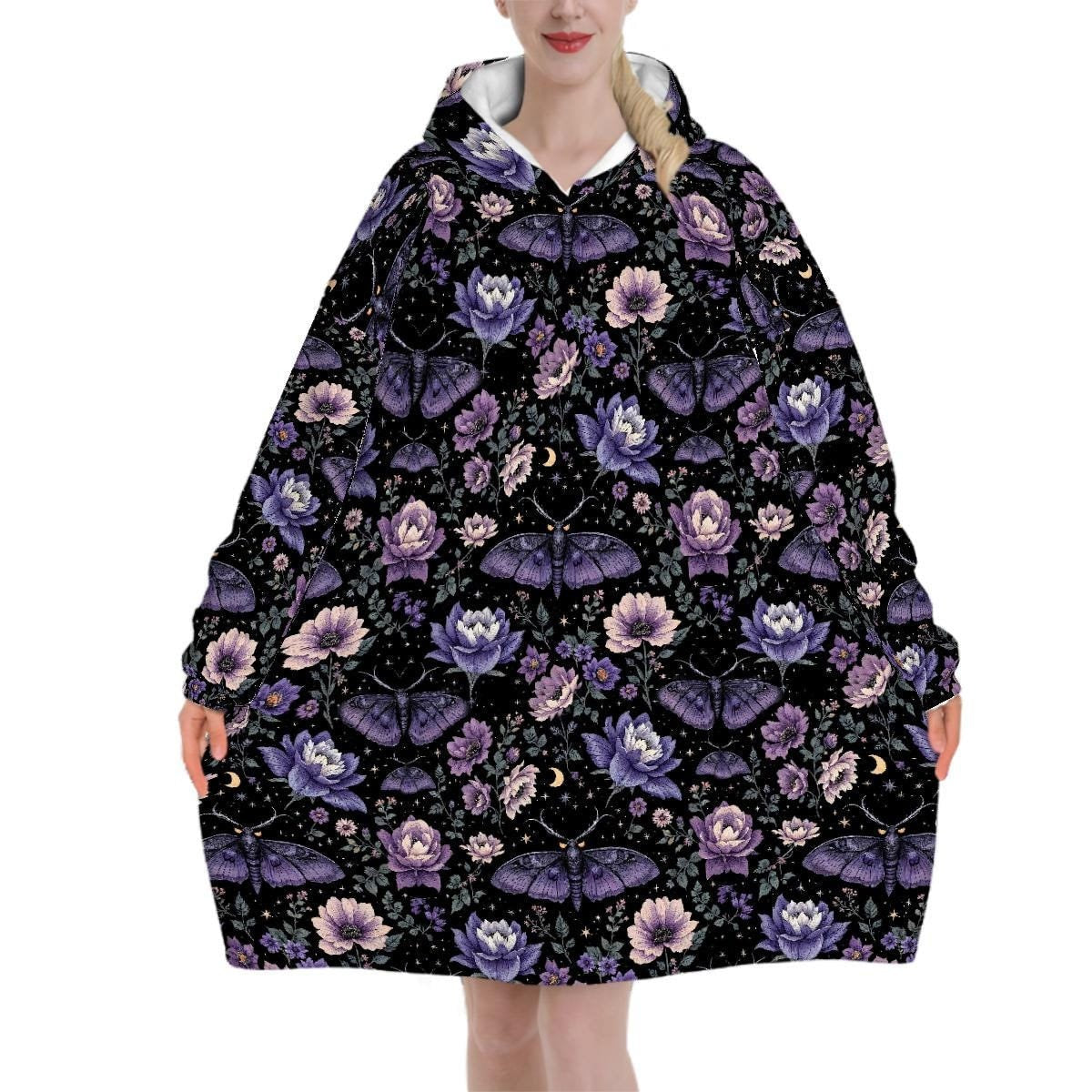 Purple Butterfly Floral Blanket Hoodie, Pink Boho Witchy Black Hooded Jumper, Gothic Floral Cute Winter Fall Accessory
