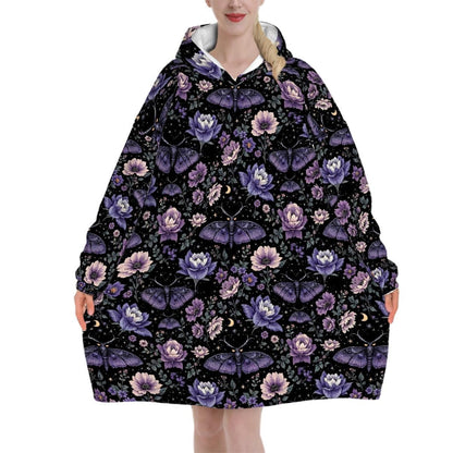 Purple Butterfly Floral Blanket Hoodie, Pink Boho Witchy Black Hooded Jumper, Gothic Floral Cute Winter Fall Accessory