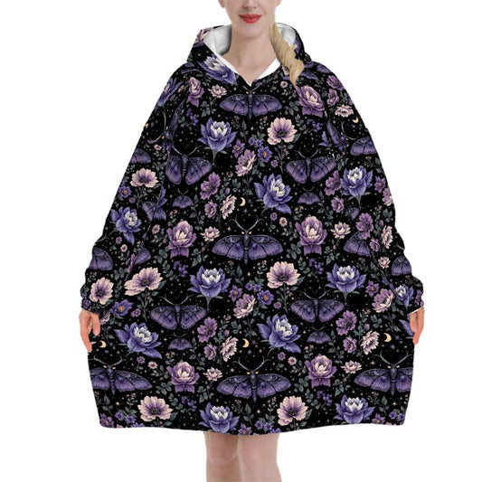Purple Butterfly Floral Blanket Hoodie, Pink Boho Witchy Black Hooded Jumper, Gothic Floral Cute Winter Fall Accessory