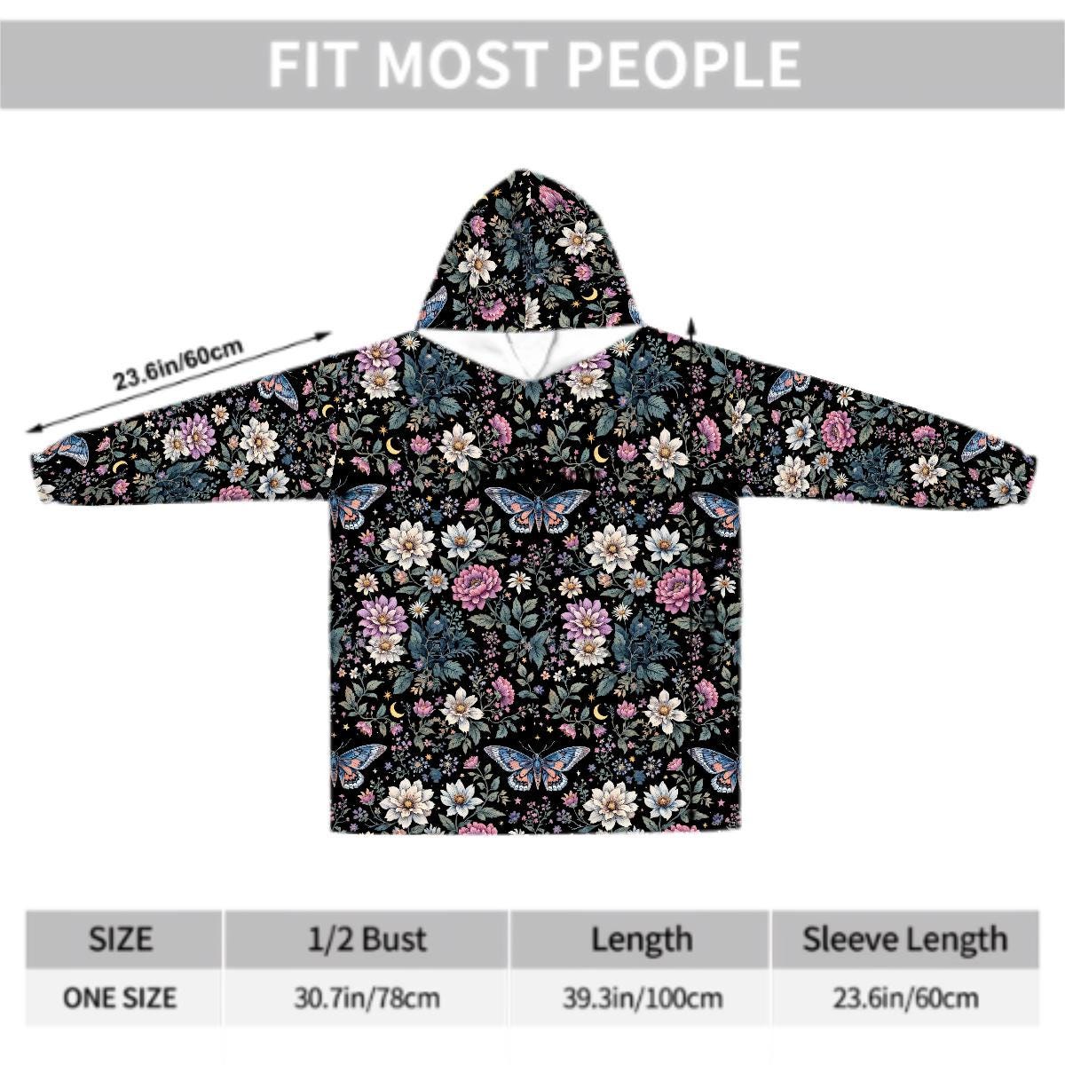 Butterfly Floral Blanket Hoodie, Bohemian Witchy Black Hooded Jumper, Green Gothic Cute Winter Fall Accessory