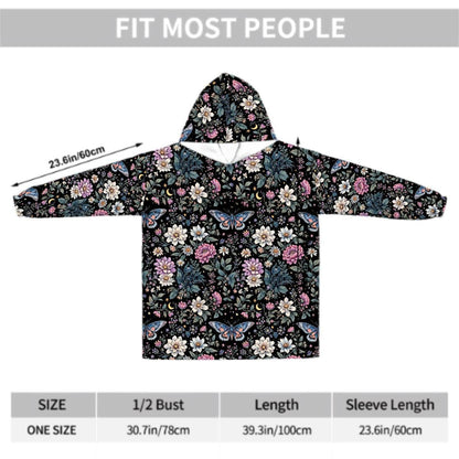 Butterfly Floral Blanket Hoodie, Bohemian Witchy Black Hooded Jumper, Green Gothic Cute Winter Fall Accessory