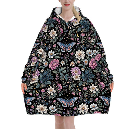 Butterfly Floral Blanket Hoodie, Bohemian Witchy Black Hooded Jumper, Green Gothic Cute Winter Fall Accessory
