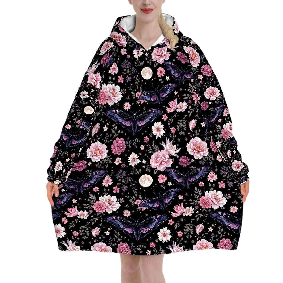 Purple Moth Floral Blanket Hoodie, Pink Boho Witchy Black Hooded Jumper, Gothic Floral Cute Winter Fall Accessory