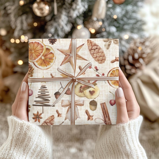 Rustic Natural Gift Wrapping Paper - Christmas Oranges & Burlap Gift Wrap - Boho Gift Wrap