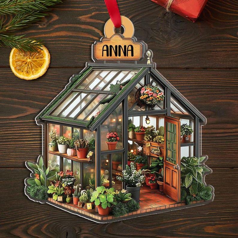 Personalized Name Garden House Ornament, 2D FLAT, Custom Name Greenhouse Acrylic Ornament, Plant Ornament Christmas, Gift For Plant Lovers