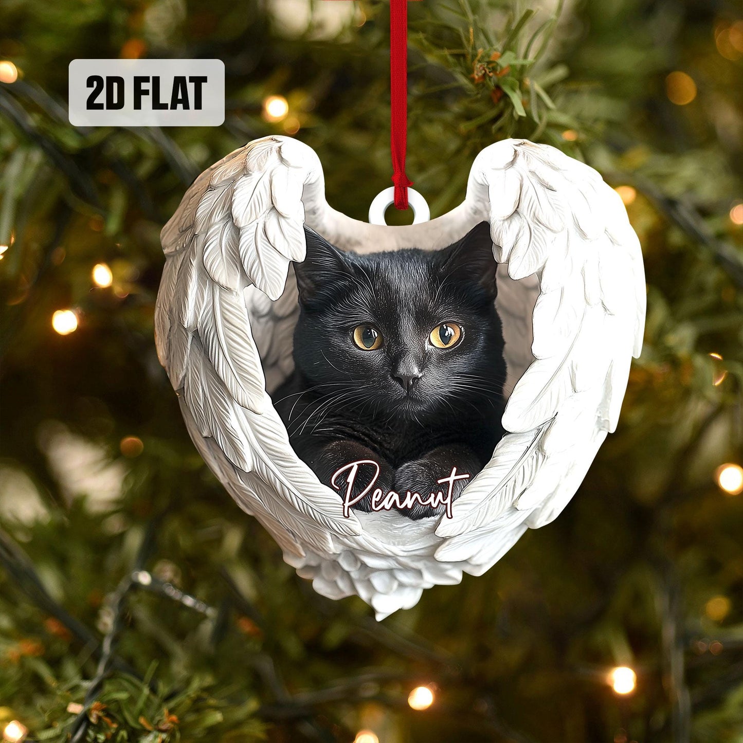 Personalized Black Cat 2D Flat Ornament, Custom Cat Christmas Memorial Ornament, Cat With Angel Wings Ornament, Cat Mom, Cat Memorial Gifts