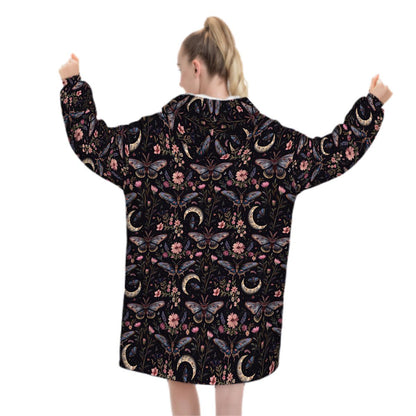 Moth Butterfly Wildflower Blanket Hoodie, Purple Pink Boho Witchy Black Hooded Jumper, Gothic Winter Fall Accessory