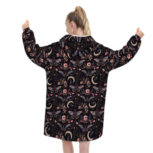 Moth Butterfly Wildflower Blanket Hoodie, Purple Pink Boho Witchy Black Hooded Jumper, Gothic Winter Fall Accessory