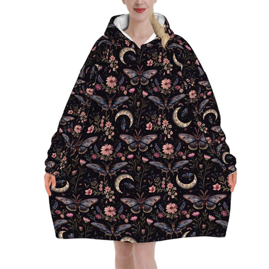 Moth Butterfly Wildflower Blanket Hoodie, Purple Pink Boho Witchy Black Hooded Jumper, Gothic Winter Fall Accessory