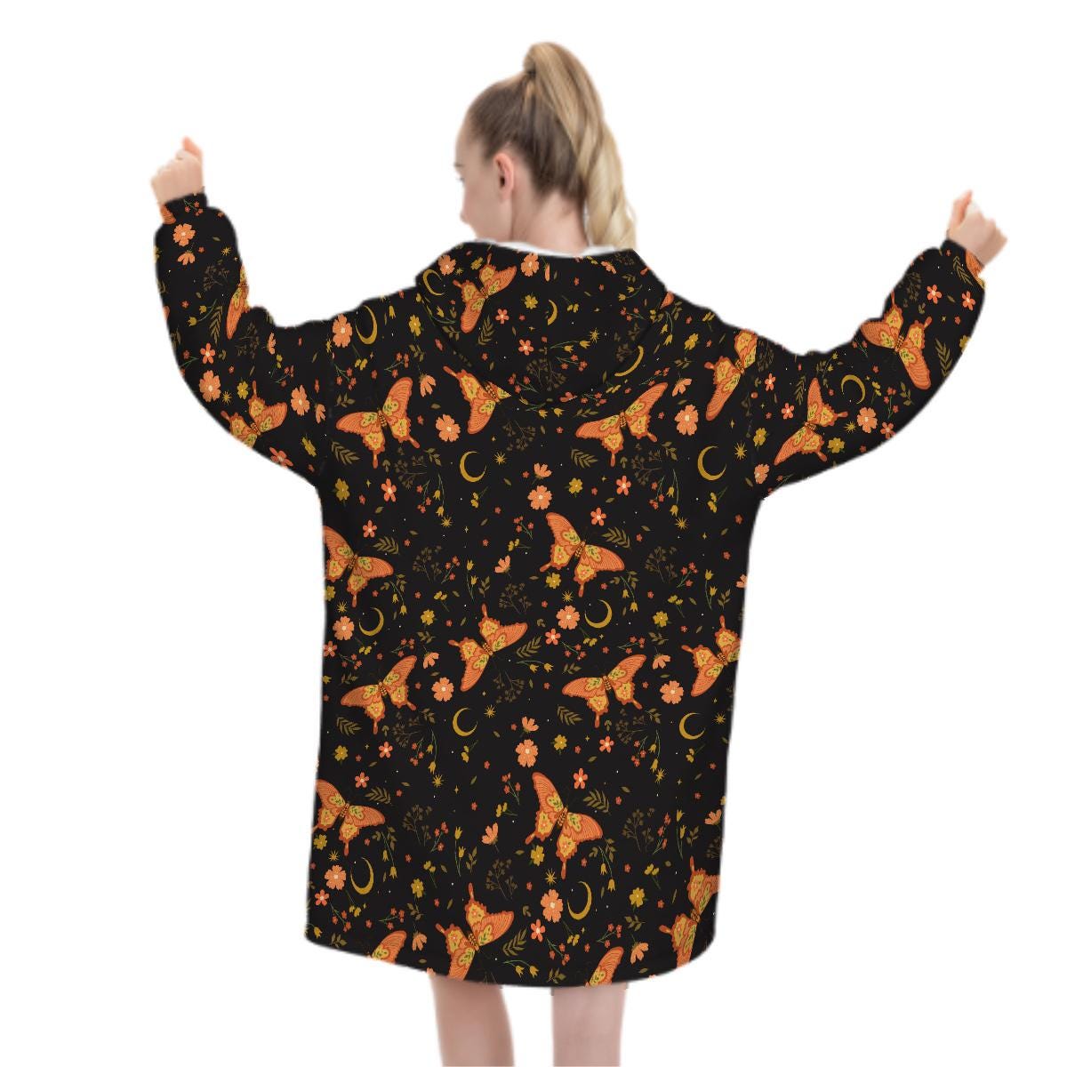 Orange Butterfly Witchy Blanket Hoodie, Black Boho Hooded Jumper, Celestial Moon Women's Fashion, Gothic Winter Fall Accessory