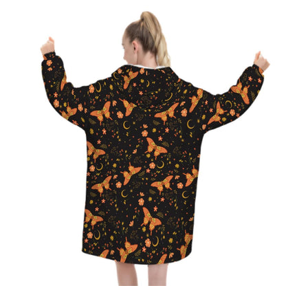 Orange Butterfly Witchy Blanket Hoodie, Black Boho Hooded Jumper, Celestial Moon Women's Fashion, Gothic Winter Fall Accessory
