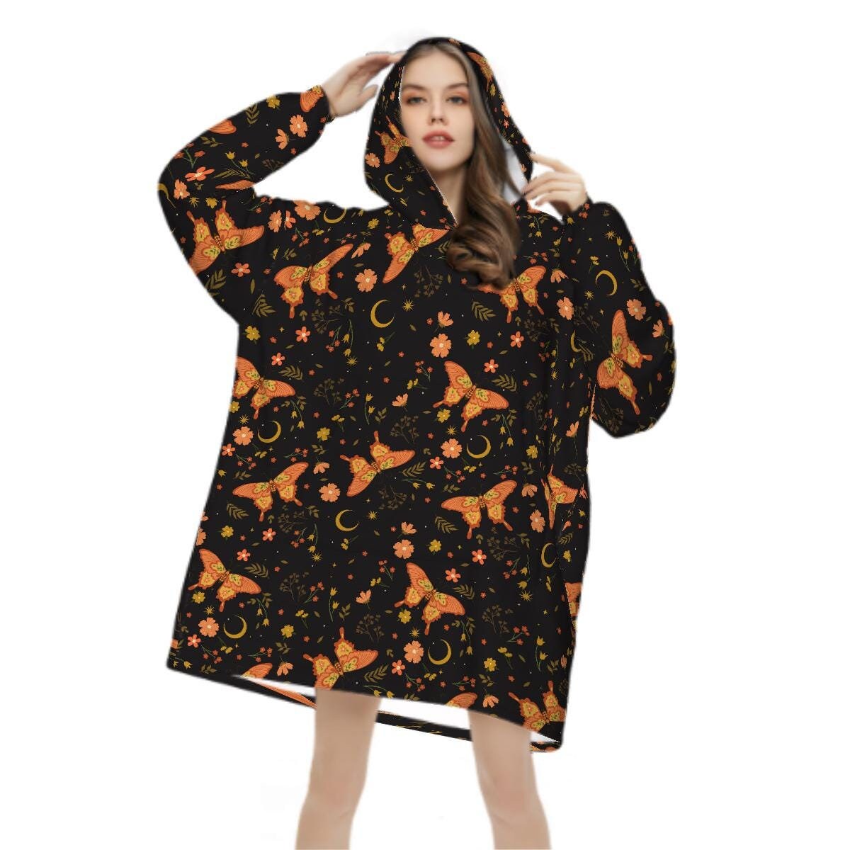 Orange Butterfly Witchy Blanket Hoodie, Black Boho Hooded Jumper, Celestial Moon Women's Fashion, Gothic Winter Fall Accessory