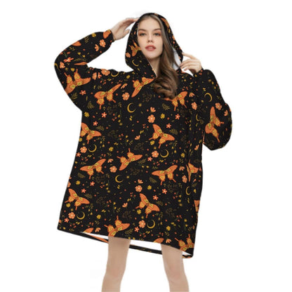 Orange Butterfly Witchy Blanket Hoodie, Black Boho Hooded Jumper, Celestial Moon Women's Fashion, Gothic Winter Fall Accessory