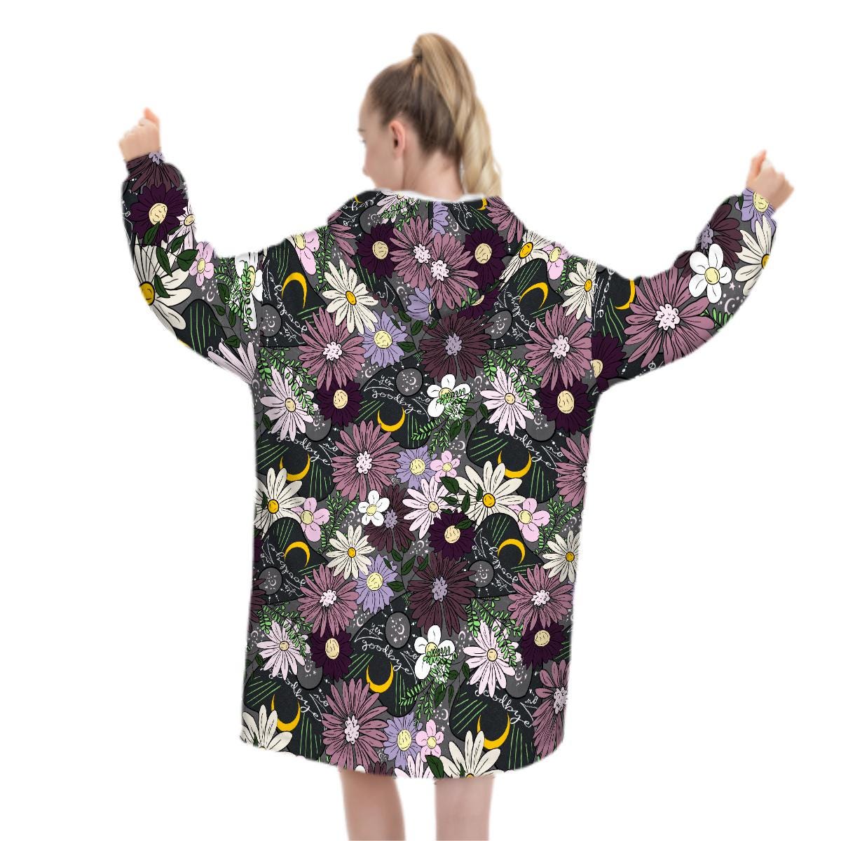 Mystic Wildflower Blanket Hoodie, Purple Pink Boho Witchy Black Hooded Jumper, Moon Gothic Winter Fall Accessory