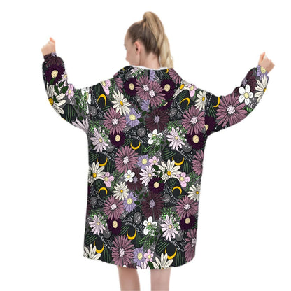Mystic Wildflower Blanket Hoodie, Purple Pink Boho Witchy Black Hooded Jumper, Moon Gothic Winter Fall Accessory
