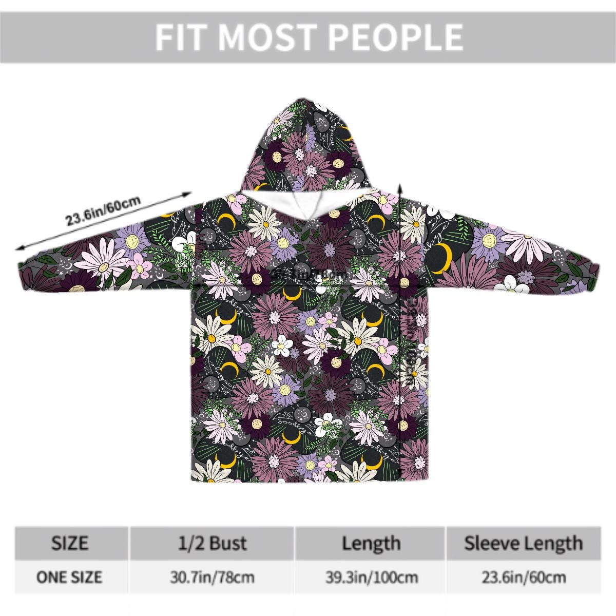 Mystic Wildflower Blanket Hoodie, Purple Pink Boho Witchy Black Hooded Jumper, Moon Gothic Winter Fall Accessory