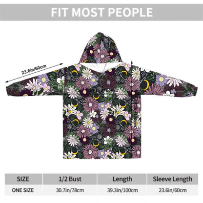 Mystic Wildflower Blanket Hoodie, Purple Pink Boho Witchy Black Hooded Jumper, Moon Gothic Winter Fall Accessory