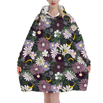 Mystic Wildflower Blanket Hoodie, Purple Pink Boho Witchy Black Hooded Jumper, Moon Gothic Winter Fall Accessory