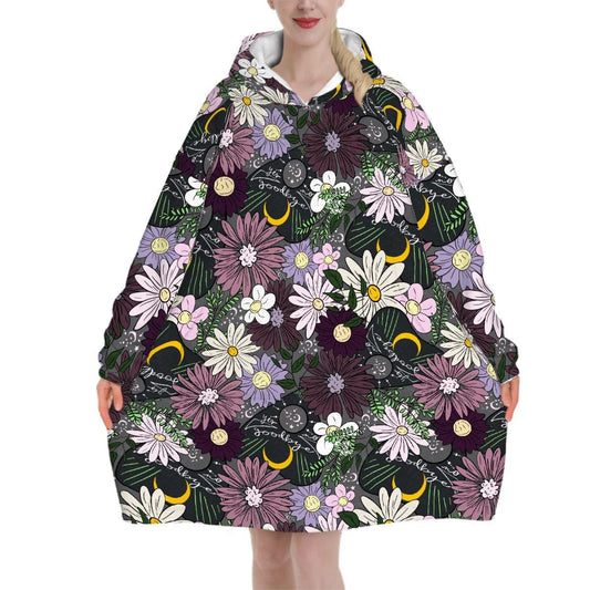 Mystic Wildflower Blanket Hoodie, Purple Pink Boho Witchy Black Hooded Jumper, Moon Gothic Winter Fall Accessory