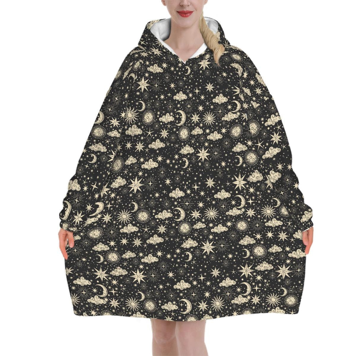 Celestial Moon Blanket Hoodie, Boho Hooded Jumper, Black Witchy Women's Fashion, Gothic Winter Fall Accessory