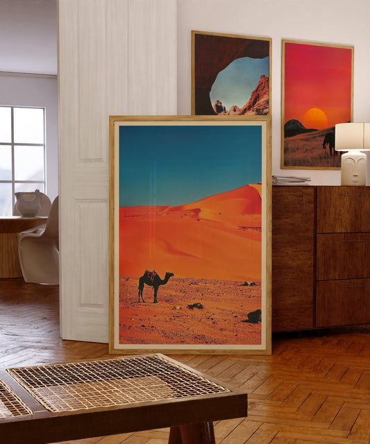 Vintage Camel in Sahara Desert Poster Retro Y2K Wall Decor Backpacking Magazine Advertisement Print Outdoor Travel Print 1980s Catalogue Art