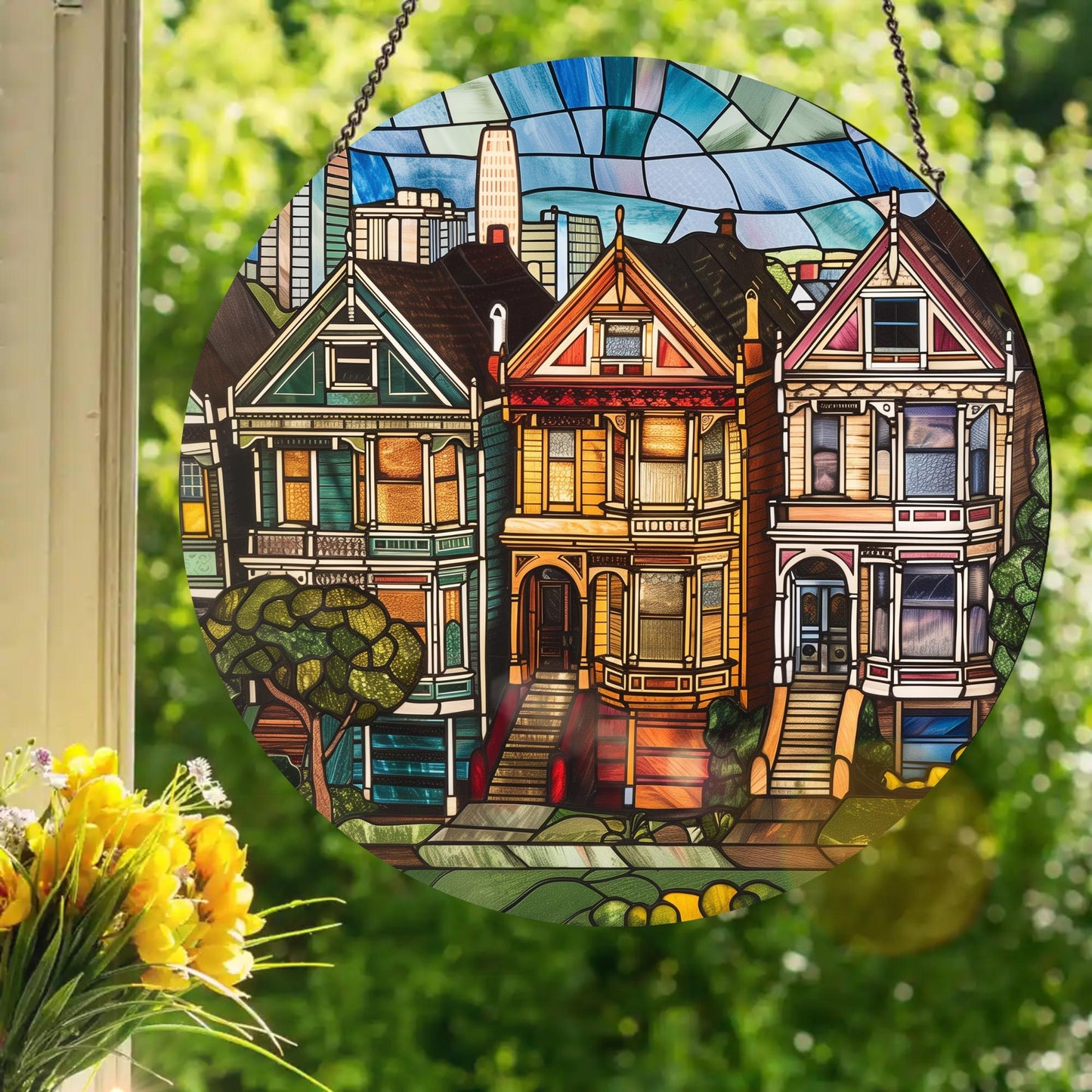 San Francisco - Painted Ladies: Stained Glass Style Window Hanging