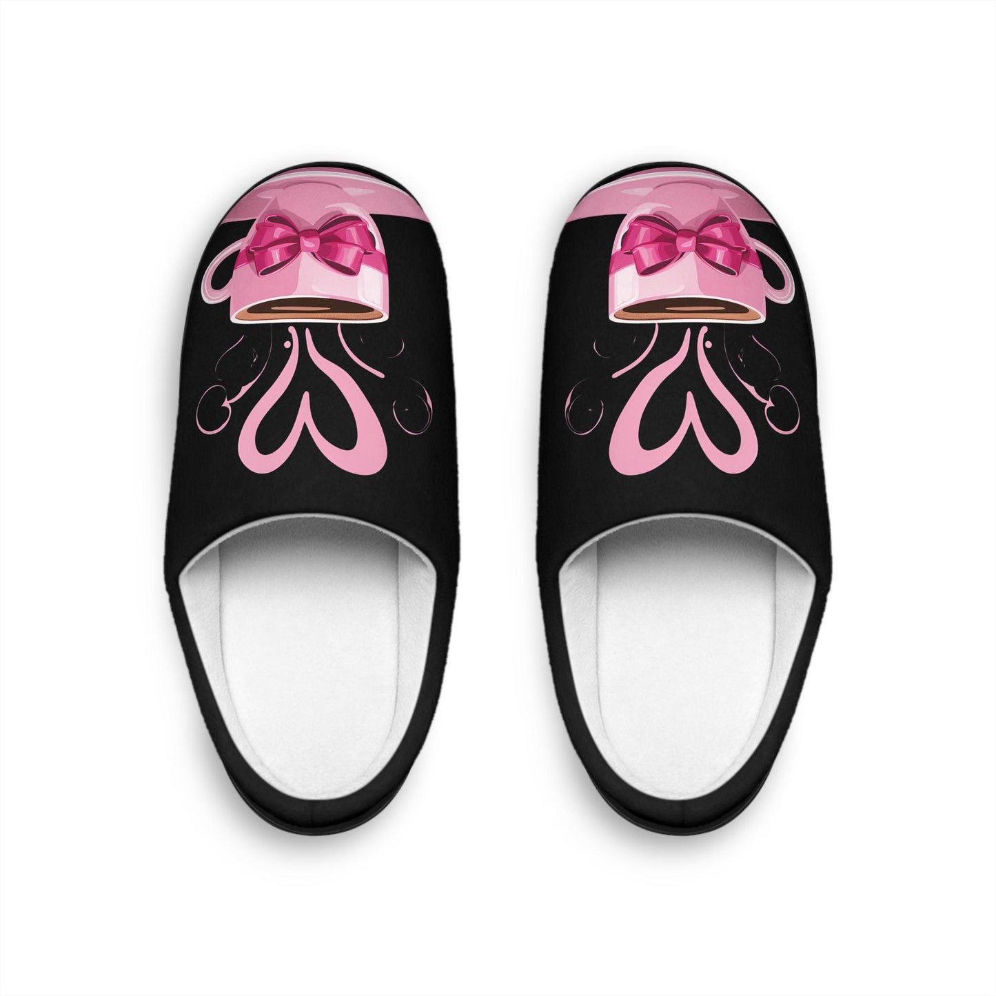 Coquette Women Slippers Black Pink Coffee Cup with Pink Bow Ribbon and Heart Women's Slipper Gift House Shoes Cozy Slip-ons Bedroom Slides