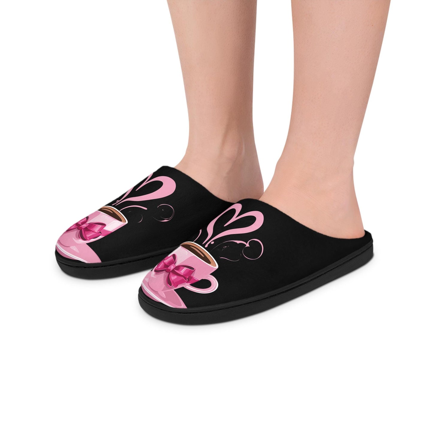 Coquette Women Slippers Black Pink Coffee Cup with Pink Bow Ribbon and Heart Women's Slipper Gift House Shoes Cozy Slip-ons Bedroom Slides