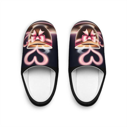 Blackand Pink Slippers Cute PinkBow Mini Coffee Cup Women's Indoor Shoes, Cozy House Footwear, Warm House Slides, Soft Bedroom Slippers