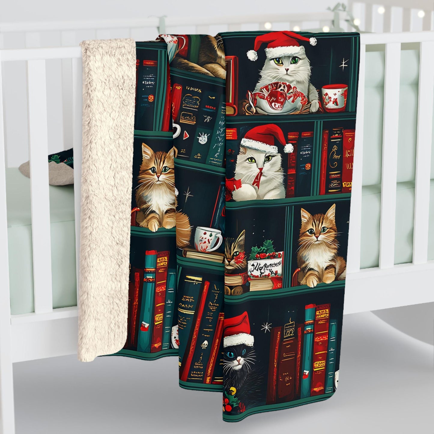 Cute Christmas Cat and Books Minky Blanket Cat Lover Sherpa Fleece Blanket Christmas Cat Mama Blanket Christmas Blanket Bookworm Blanket