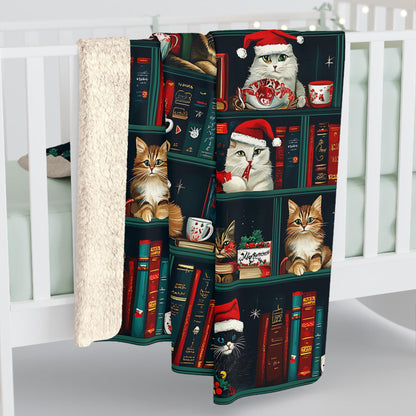 Cute Christmas Cat and Books Minky Blanket Cat Lover Sherpa Fleece Blanket Christmas Cat Mama Blanket Christmas Blanket Bookworm Blanket