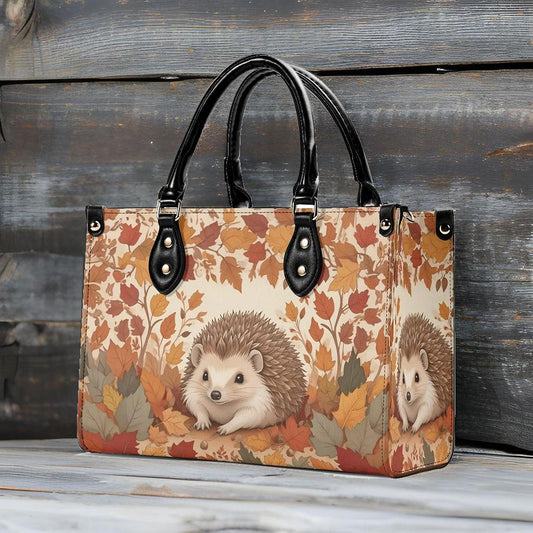 Little Hedgehog Crossbody Bag with Autumn Leaves - Nature-Inspired Vegan Leather Purse, Unique Gift for Women