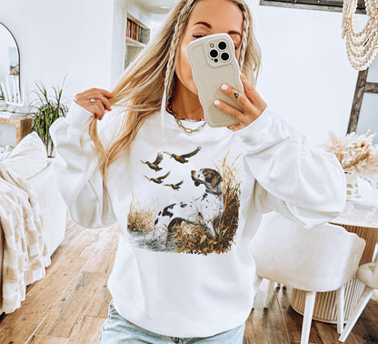 Retro German Shorthaired Pointer Dog & Mallard Ducks Sweatshirt - 90s Vintage GSP Hunting Duck Outfit - Boho Unisex Crewneck Sweatshirt