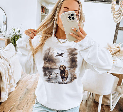 Retro Chocolate Lab Dog & Mallard Ducks Sweatshirt - 90s Vintage Labrador Retriever Hunting Duck Outfit - Boho Unisex Crewneck Sweatshirt