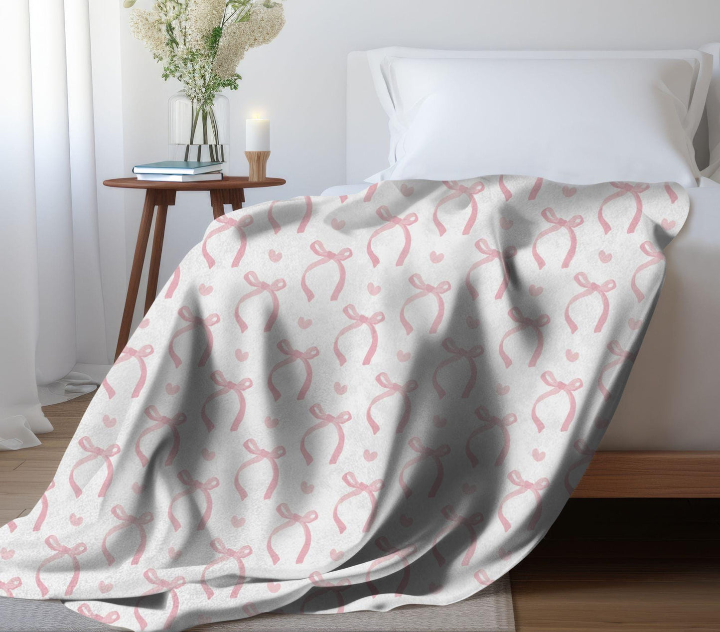 Coquette Pink Bows Blanket Hearts Valentine's Day Fleece Throw Pink Coquette Home Decor Pink Bow Lovers Christmas Gift for Family Friends