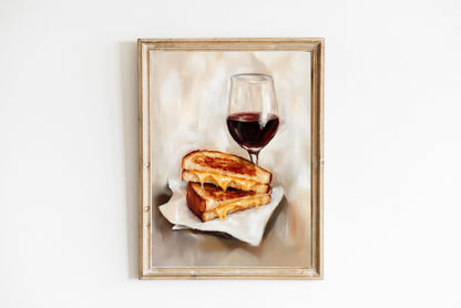 Grilled Cheese and Red Wine Art Print | Cute Quirky Whimsical | Cocktail Art Bar Cart Decor | Grilled Cheese Art Gift | Trendy Home Wall Art