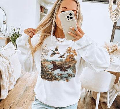 Retro Boykin Spaniel Retrieving Mallard Ducks Sweatshirt - 90s Vintage Cute Dog Breed Hunting Outfit - Boho Unisex Crewneck Sweatshirt