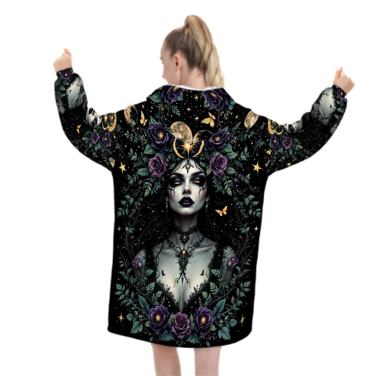 Gothic Goddess Blanket Hoodie, Medusa Black Witchy Black Wildflower Hooded Jumper, Long Sleeve Fashion Loungewear for Women