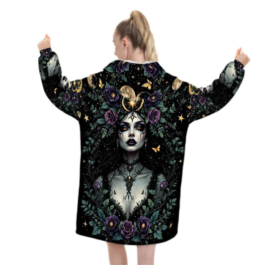 Gothic Goddess Blanket Hoodie, Medusa Black Witchy Black Wildflower Hooded Jumper, Long Sleeve Fashion Loungewear for Women
