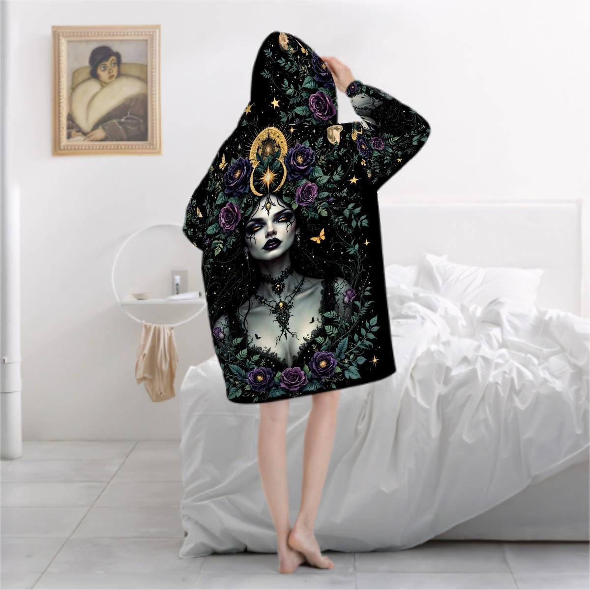 Gothic Goddess Blanket Hoodie, Medusa Black Witchy Black Wildflower Hooded Jumper, Long Sleeve Fashion Loungewear for Women