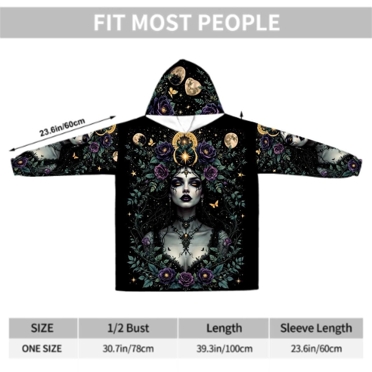 Gothic Goddess Blanket Hoodie, Medusa Black Witchy Black Wildflower Hooded Jumper, Long Sleeve Fashion Loungewear for Women