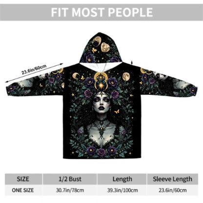 Gothic Goddess Blanket Hoodie, Medusa Black Witchy Black Wildflower Hooded Jumper, Long Sleeve Fashion Loungewear for Women