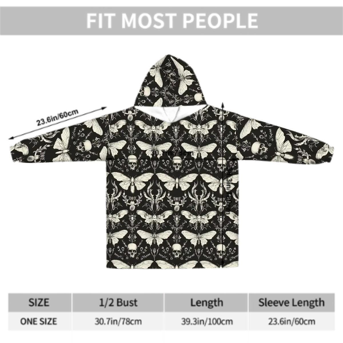 Gothic Skull Moth Blanket Hoodie, Black Witchy Black Wildflower Hooded Jumper, Long Sleeve Fashion Loungewear for Women