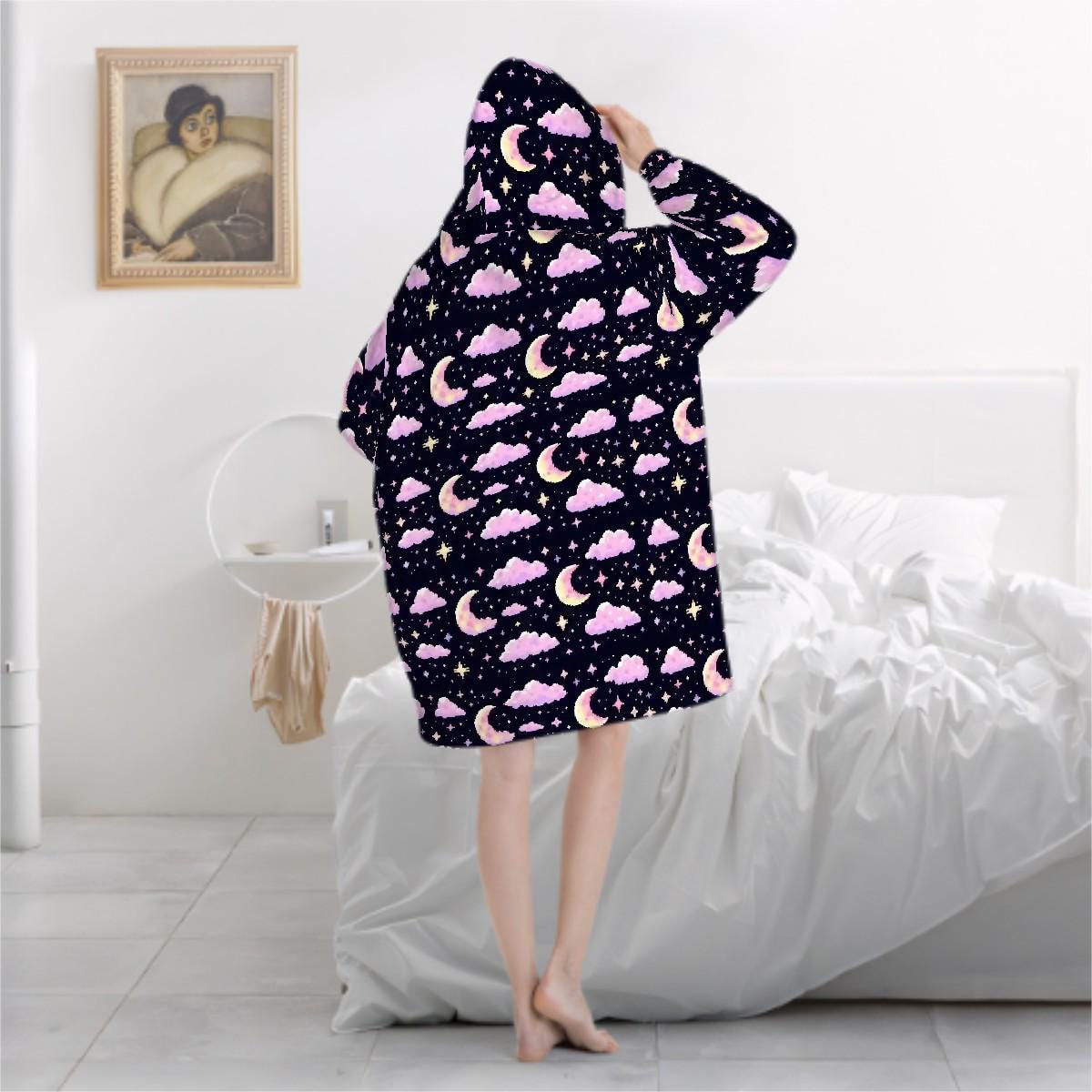Pixel Art Pink Purple Moon Blanket Hoodie, Retro Kawaii Anime Gamer Hooded Jumper, Cute Long Sleeve Fashion Loungewear for Women