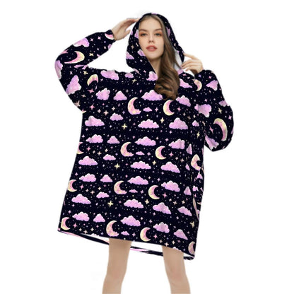 Pixel Art Pink Purple Moon Blanket Hoodie, Retro Kawaii Anime Gamer Hooded Jumper, Cute Long Sleeve Fashion Loungewear for Women