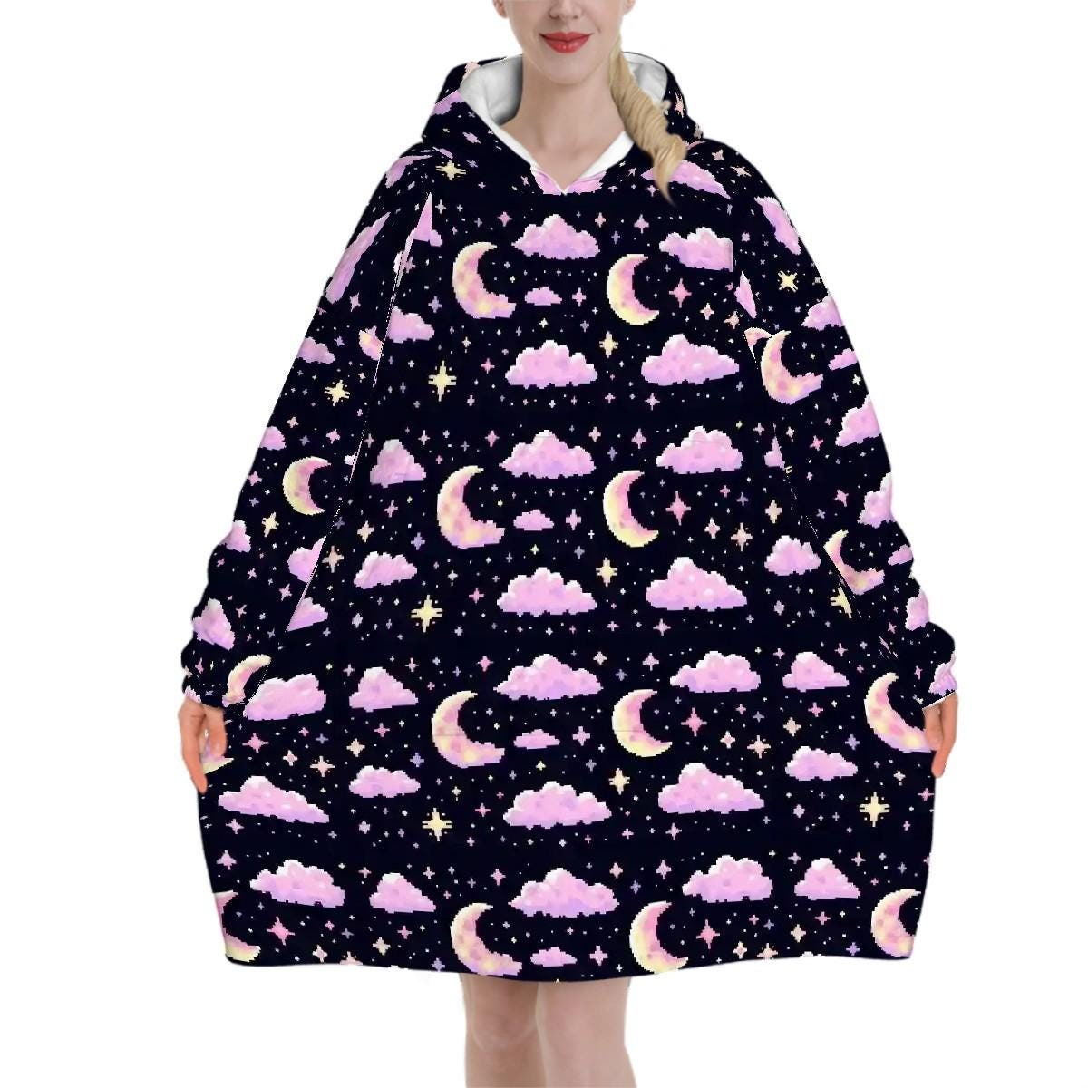 Pixel Art Pink Purple Moon Blanket Hoodie, Retro Kawaii Anime Gamer Hooded Jumper, Cute Long Sleeve Fashion Loungewear for Women