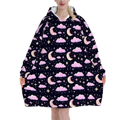 Pixel Art Pink Purple Moon Blanket Hoodie, Retro Kawaii Anime Gamer Hooded Jumper, Cute Long Sleeve Fashion Loungewear for Women