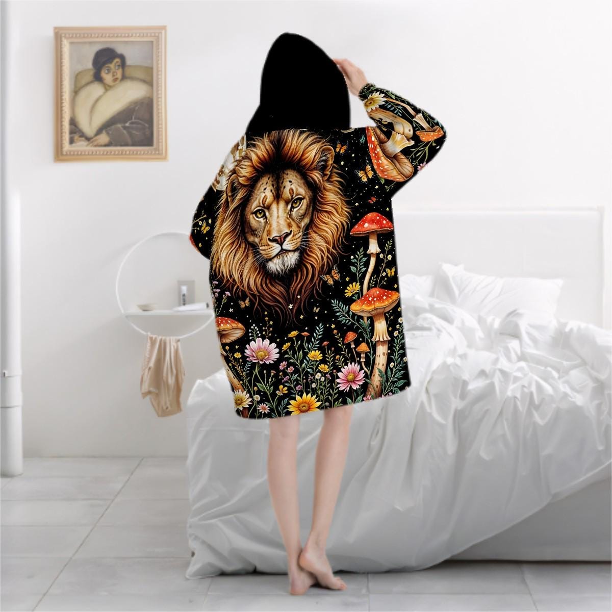Mystic Lion Wildflower Blanket Hoodie, Mushroom Black Witchy Black Wildflower Hooded Jumper, Hippie Boho Long Sleeve Fashion Loungewear