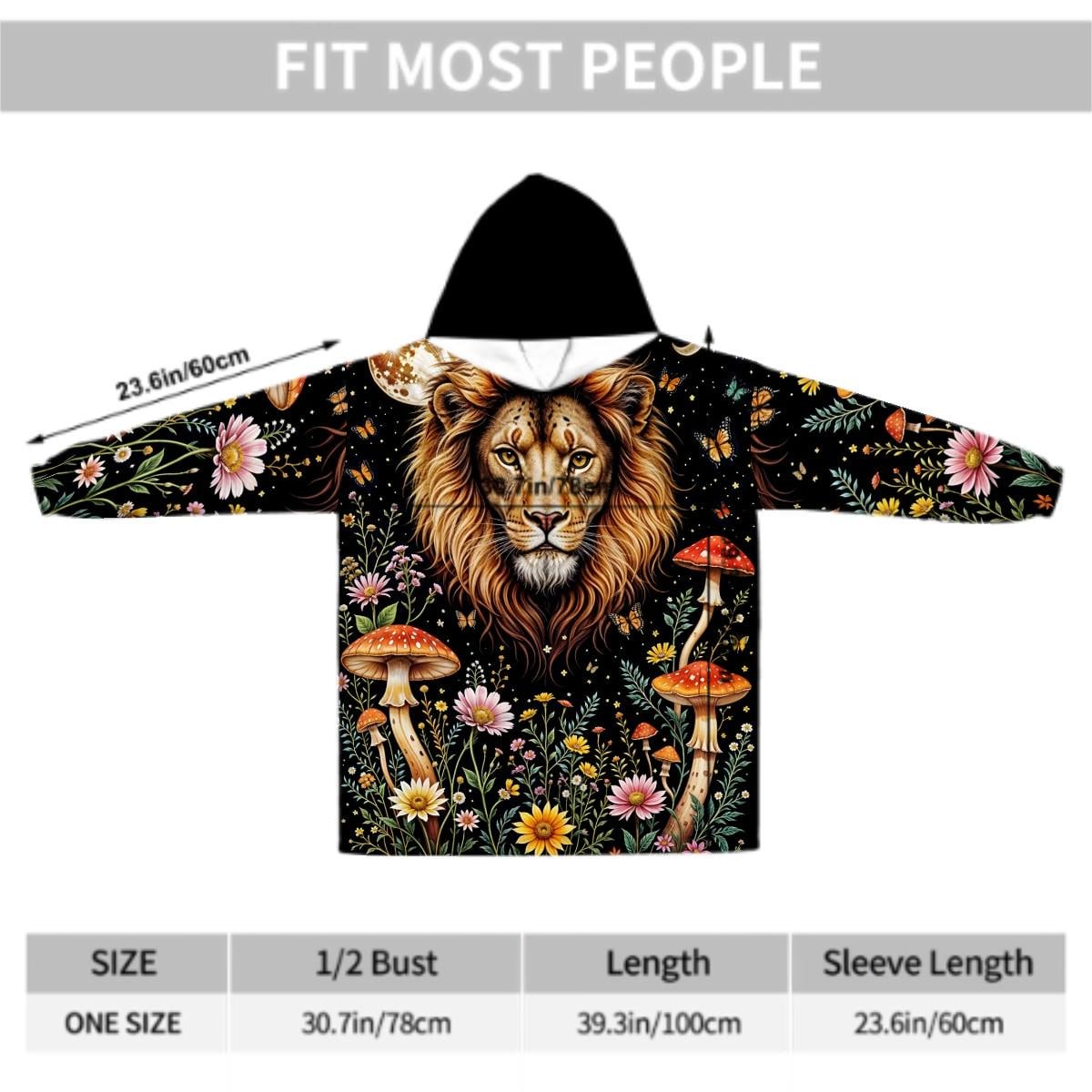 Mystic Lion Wildflower Blanket Hoodie, Mushroom Black Witchy Black Wildflower Hooded Jumper, Hippie Boho Long Sleeve Fashion Loungewear